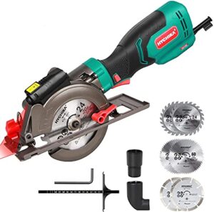 Circular Saw, HYCHIKA 6.2A Electric Mini Circular Saw, Laser Guide, 6 Blades (4-1/2”), Max Cutting Depth 1-11/16'' (90°), Rubber Handle, 10 Feet Cord, Ideal for Wood Soft Metal Tile Plastic Cuts