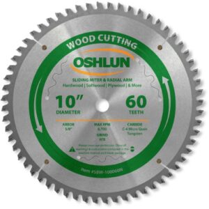 Oshlun SBW-100060N 10-Inch 60 Tooth Negative Hook Finishing ATB Saw Blade with 5/8-Inch Arbor for Sliding Miter and Radial Arm Saws