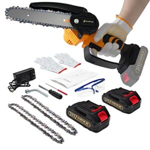 Mini Chainsaw Cordless Small Chainsaw, Upgraded 6 Inch 21V Battery Powered Chainsaw Electric Chainsaw With Security Lock for Trees Branches Trimming Wood Cutting (2Pcs Batteries and 2Pcs Chains)