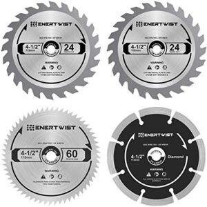 ENERTWIST 4-1/2 Inch Compact Circular Saw Blade Set, Pack of 4-Pieces TCT/HSS/Diamond Saw Blades Assorted for Wood/Plastic/Metal/Tile Cutting, 3/8in Arbor, ET-CSA-4