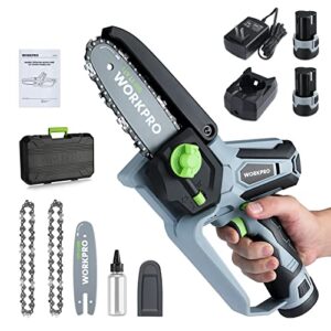 WORKPRO Mini Chainsaw, 6“ Cordless Electric Compact Chain Saw with 2 Batteries, One-Hand Operated Portable Wood Saw with Replacement Guide Bar and Chain for Gardening Tree Branch Pruning, Wood Cutting